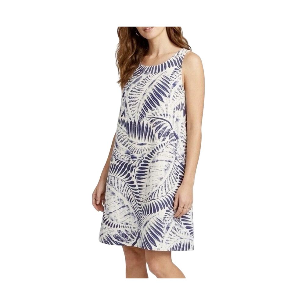 Tahari Linen tropical  Sleeveless Side Pocket Blue Palm Print dress Womens M EUC